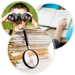 Student using binoculars, magnifying glass leaning on stacked papers and a student pointing in a notebook page